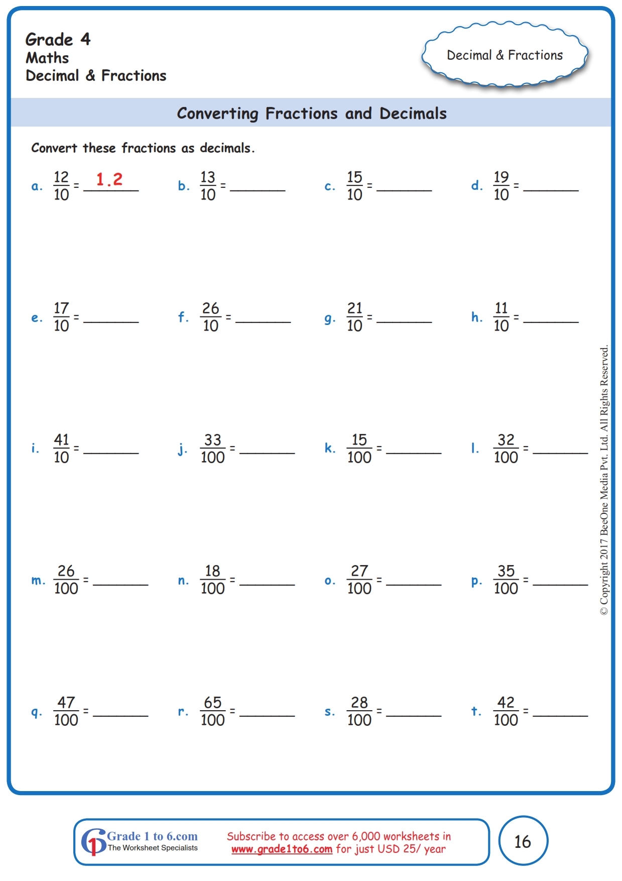 decimals to fractions worksheet