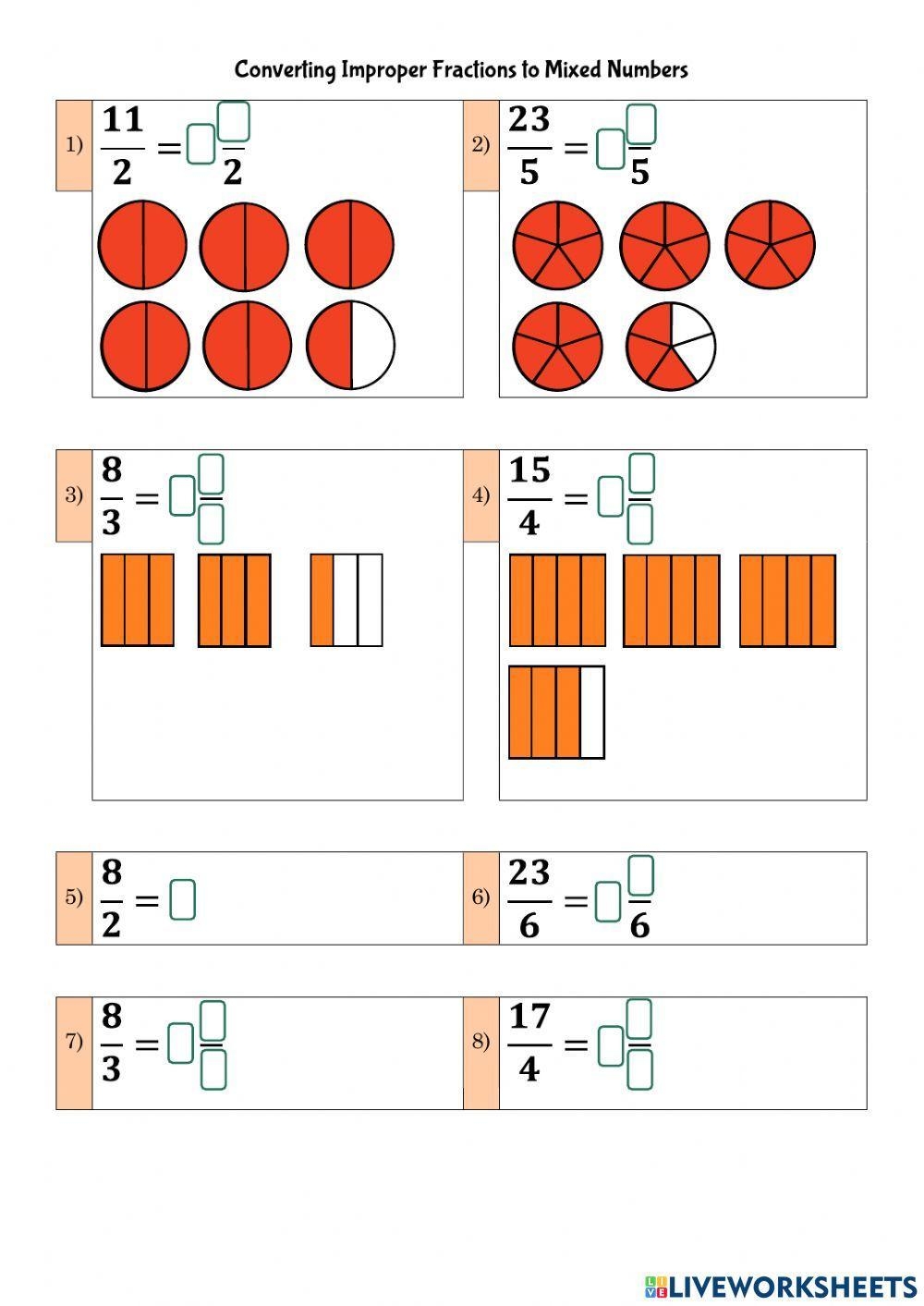 converting improper fractions and mixed numbers worksheet