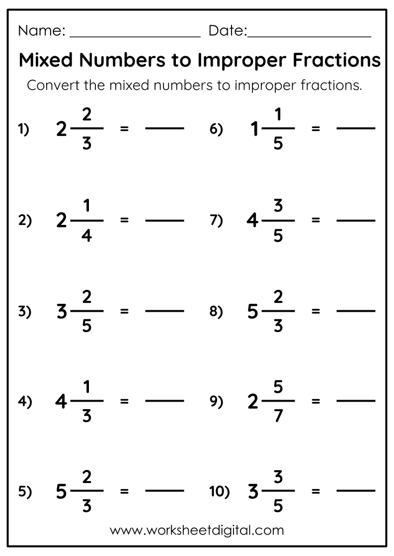 Converting Mixed Numbers To Improper Fractions Worksheet Digital Worksheets Library