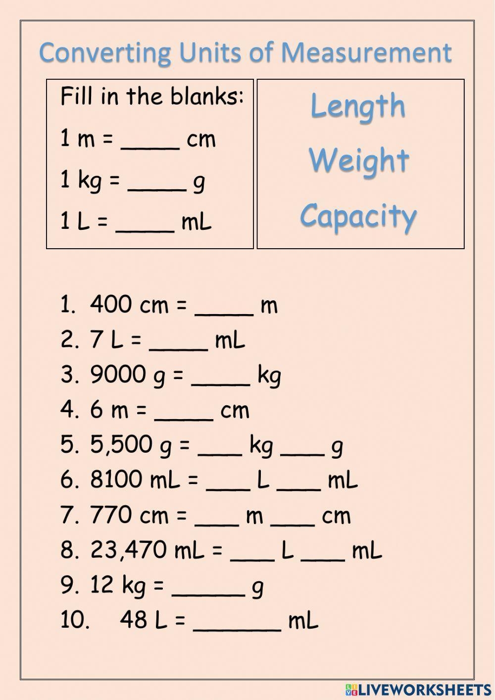 Converting Units Of Measurement Worksheet Live Worksheets Worksheets Library