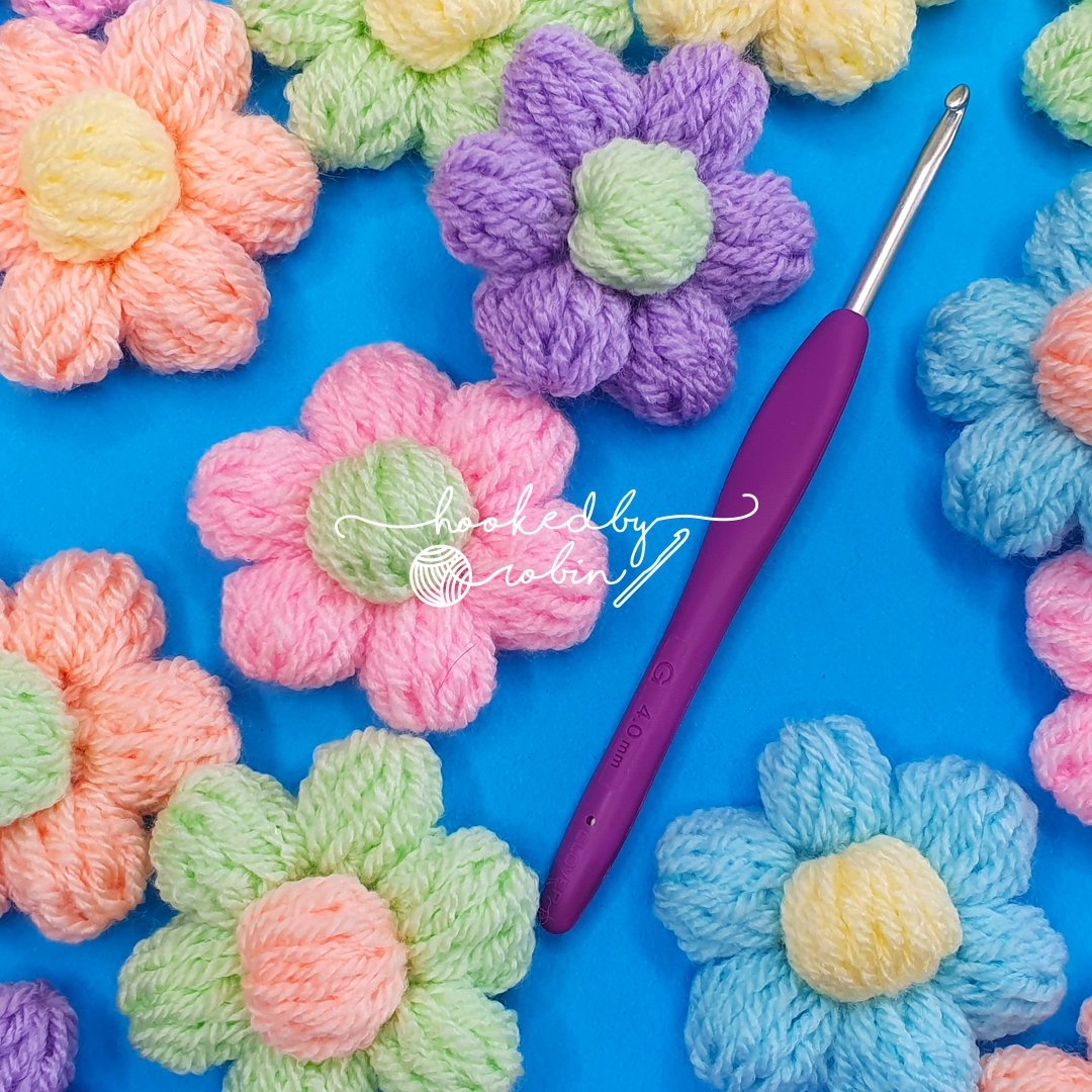 Crochet Puffy Flowers Free Video Tutorial Written Pattern Hooked By Robin