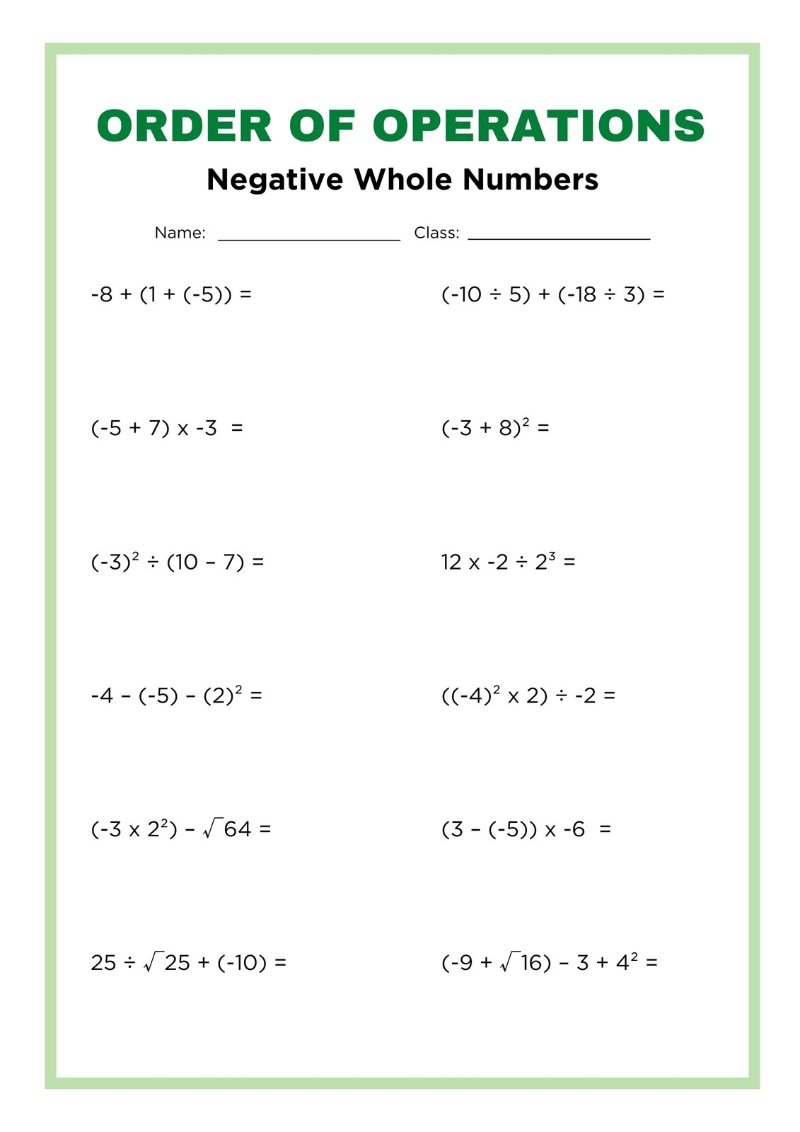 order of operations worksheet