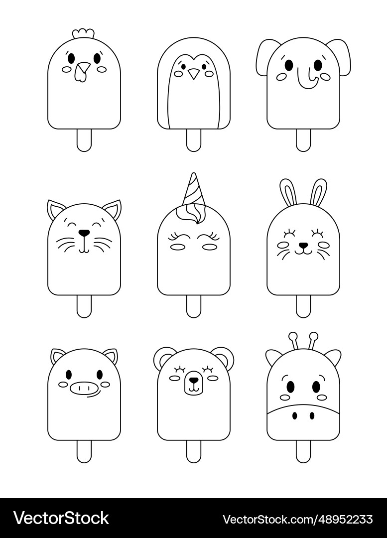 Cute Ice Cream With Animal Face Coloring Page Vector Image Cute Ice Cream With Animal Face Coloring Page Vector Image