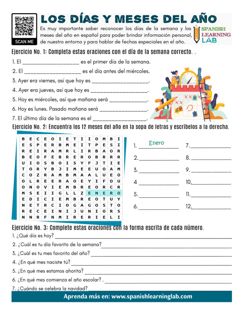 Days Months Special Dates In Spanish Worksheet Archives Spanish Learning Lab