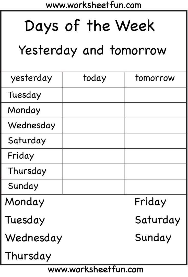 Days Of The Week Yesterday And Tomorrow 6 Worksheets FREE Printable Worksheets
