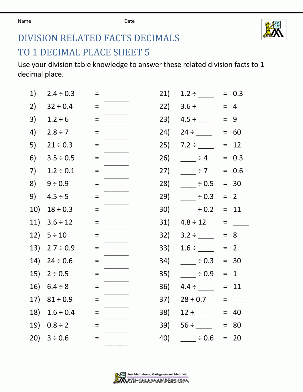 Decimal Division Worksheets Worksheets Library