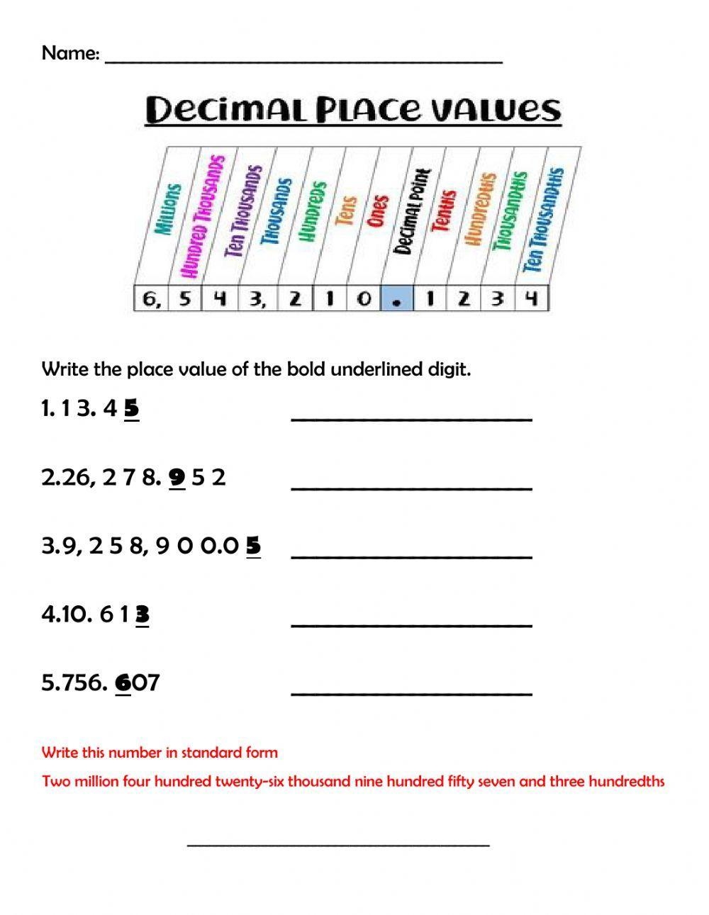 Decimal Place Value Interactive Exercise Live Worksheets Worksheets Library