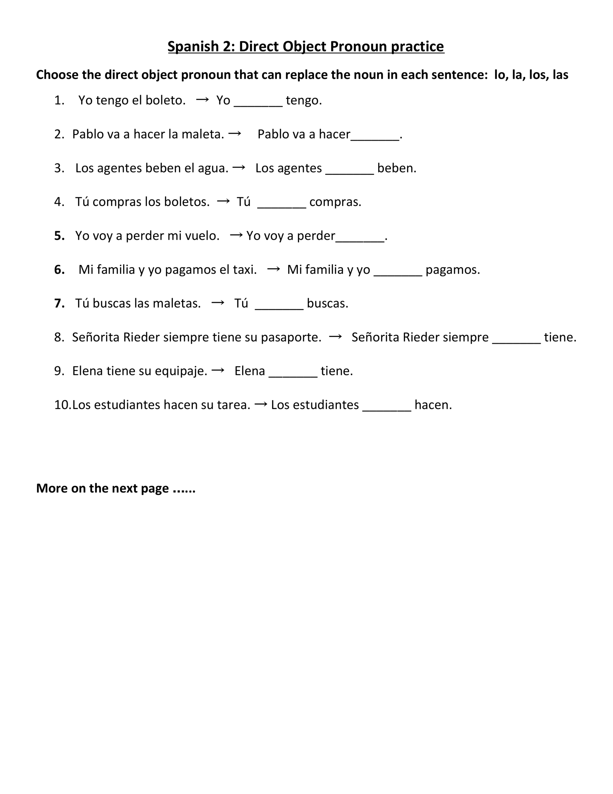 Direct Object Pronouns Spanish Practice Worksheet Worksheets Library