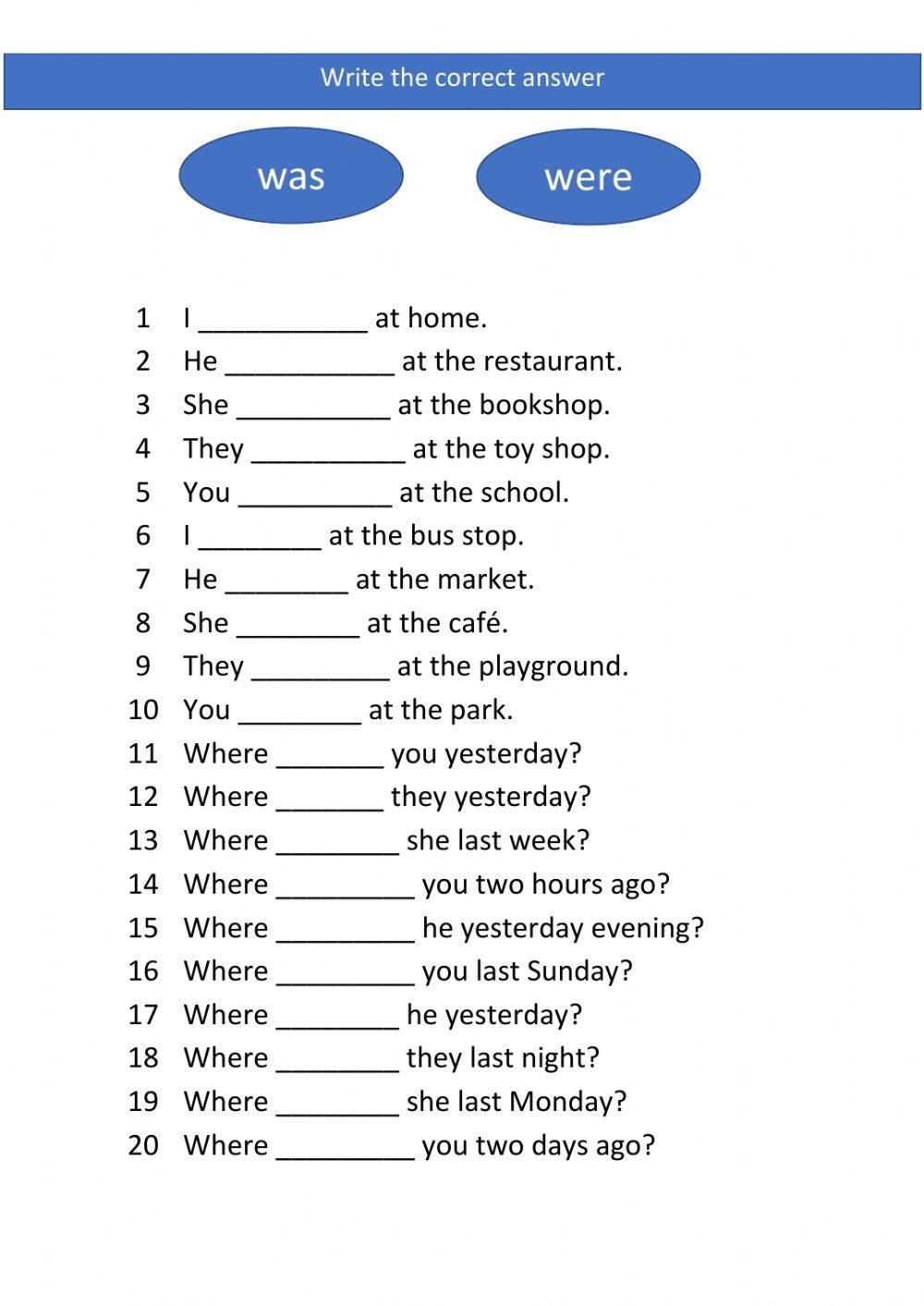 when to use was or were worksheet practice