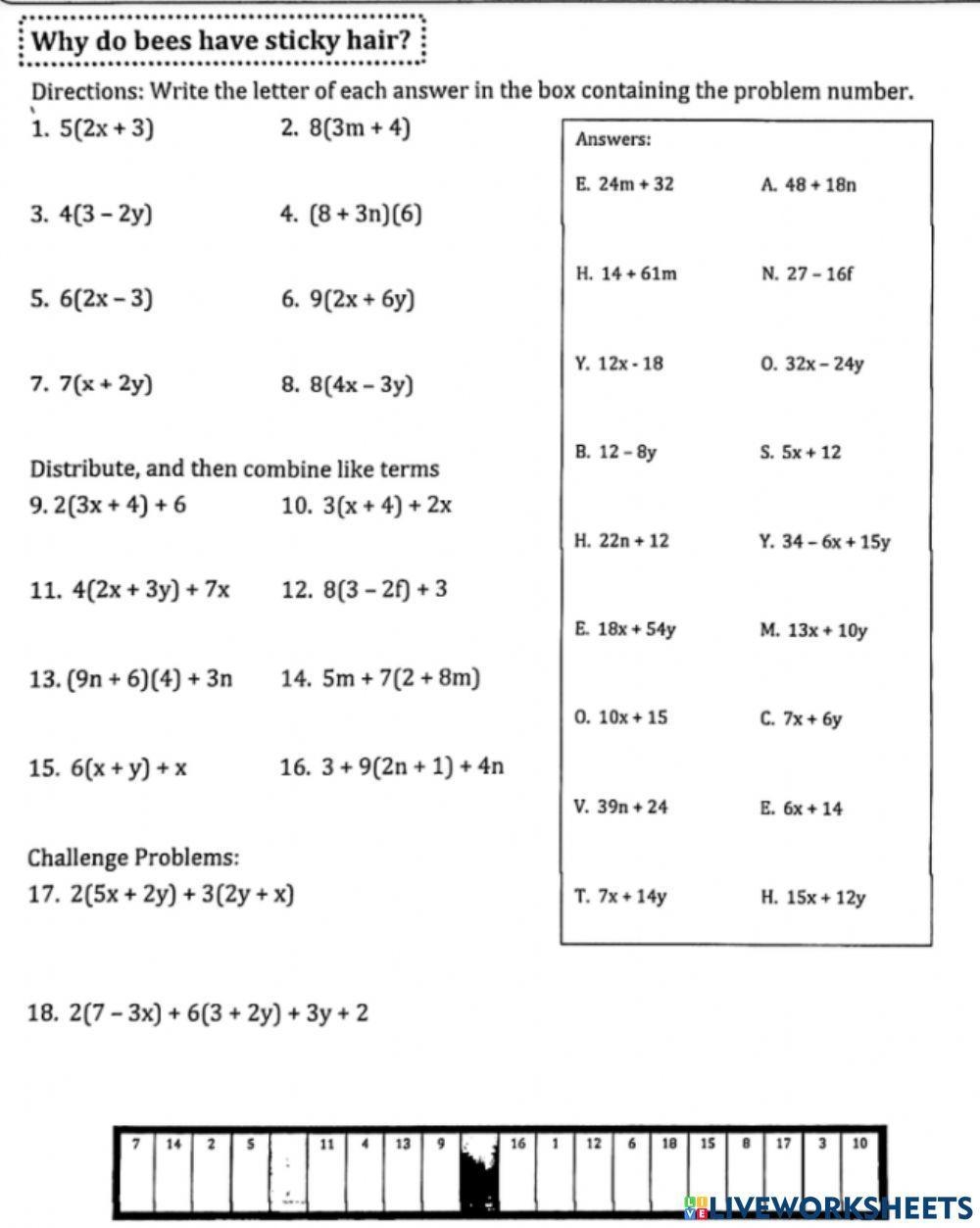 Distributive Property And Combining Like Terms Worksheet Live Worksheets Library