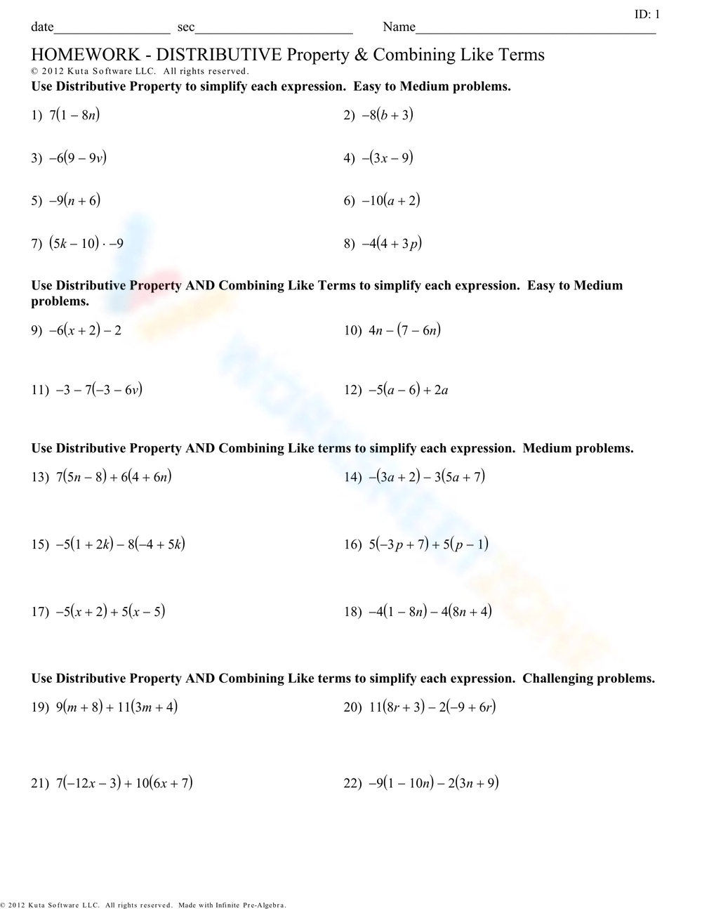Distributive Property And Combining Like Terms Worksheet Worksheets Library