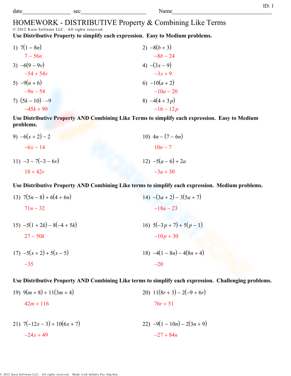 Distributive Property Combine Like Terms Worksheet