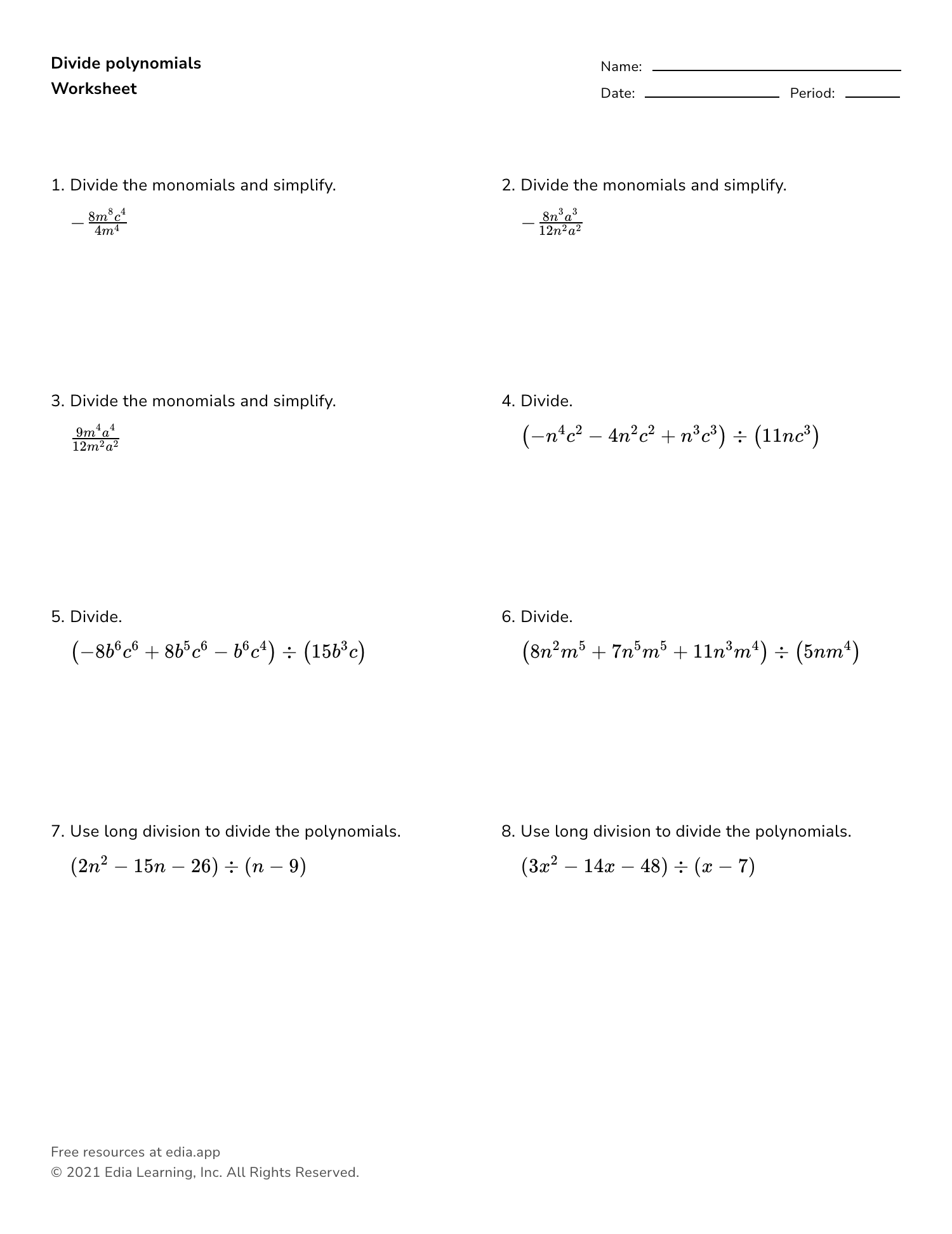 Divide Polynomials Worksheet Worksheets Library