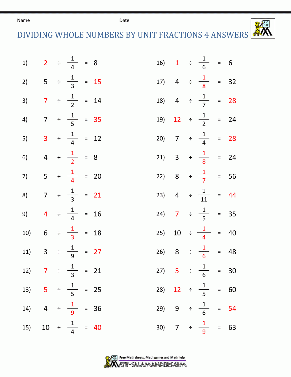 division of fractions by whole numbers worksheets