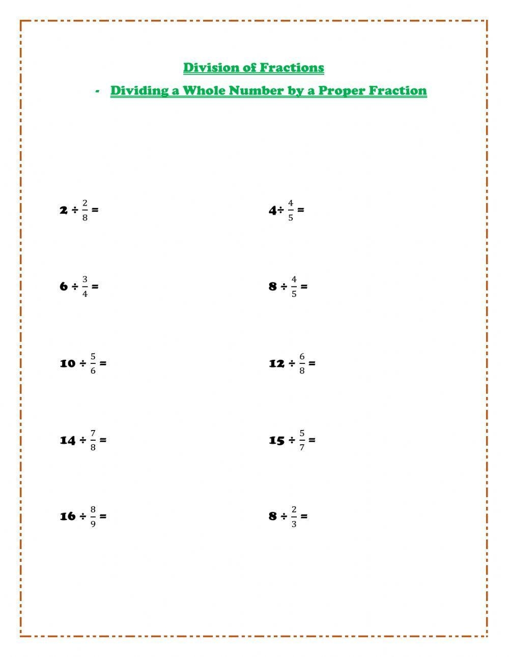 divide a fraction by a whole number worksheet
