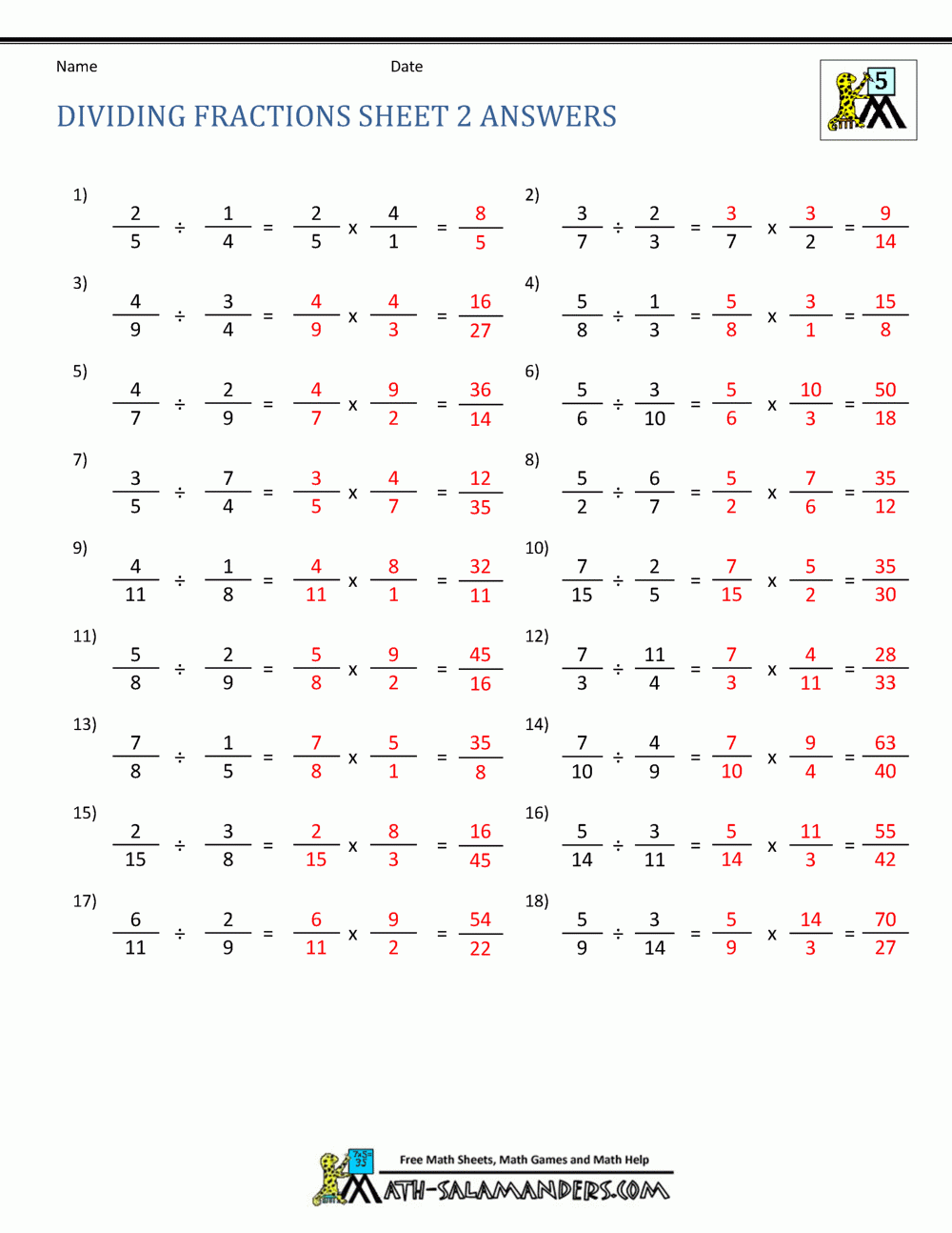 Dividing Fractions Sheet 2 Dividing Fractions Sheet 2