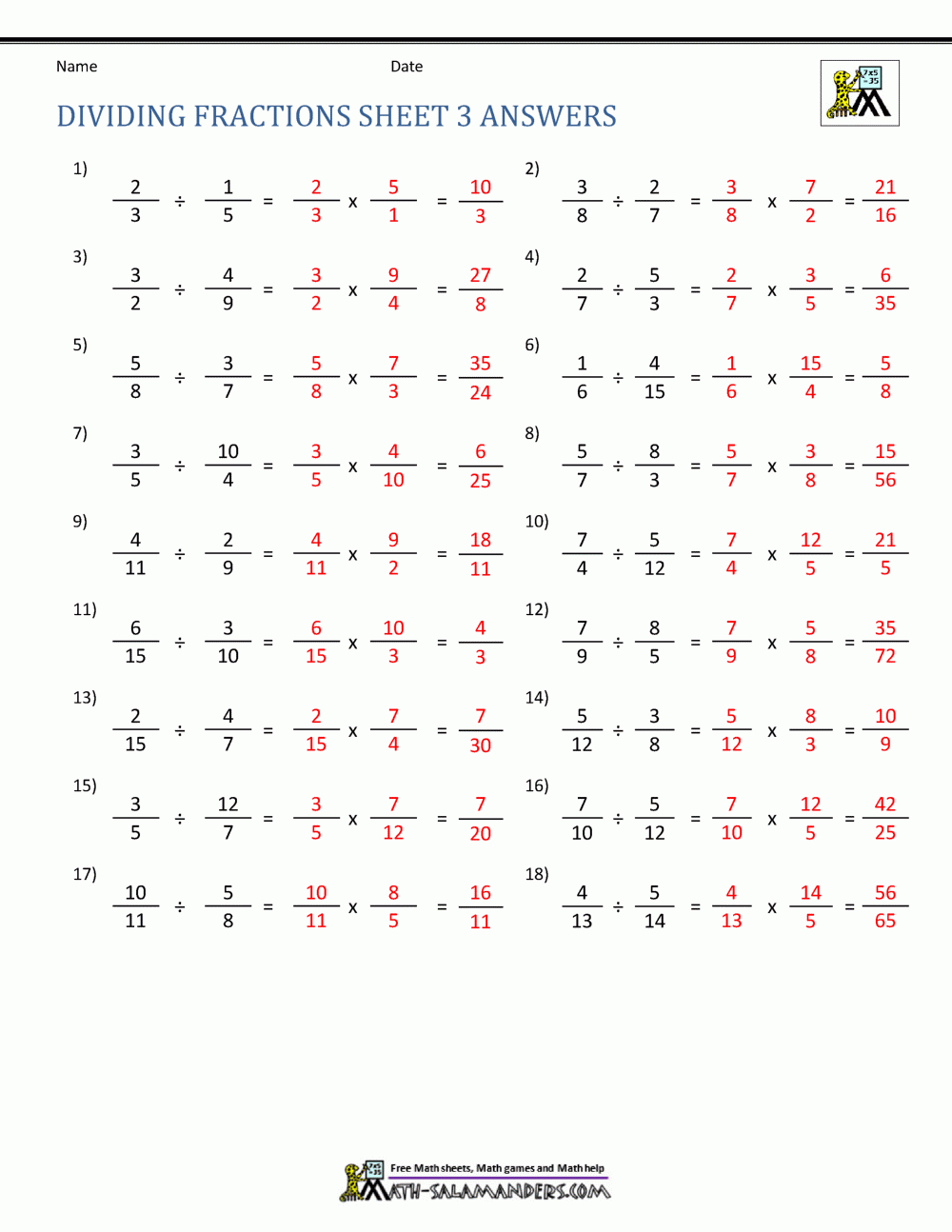 Dividing Fractions Worksheet Dividing Fractions Worksheet