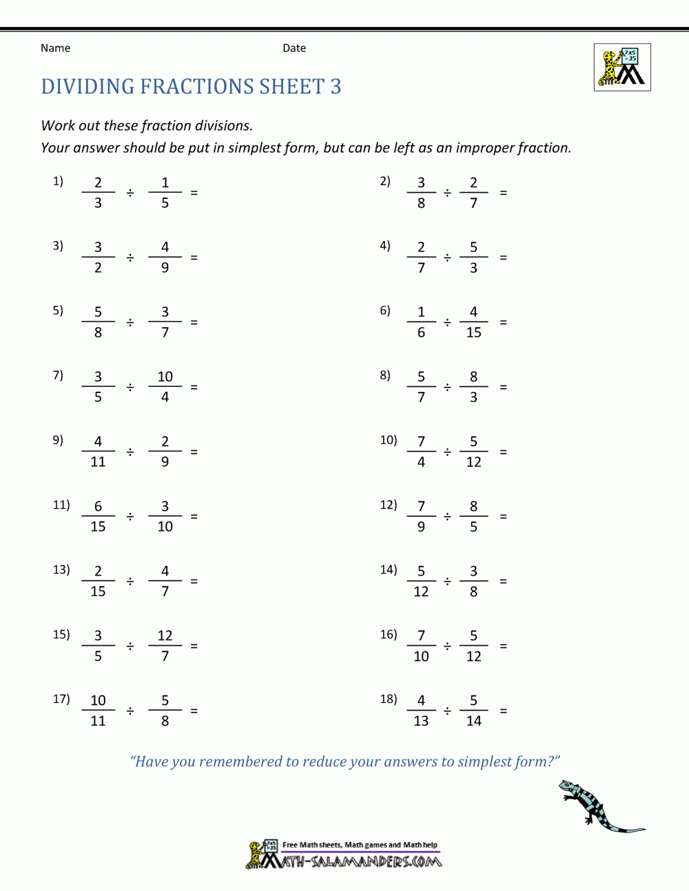 Dividing Fractions Worksheet Worksheets Library