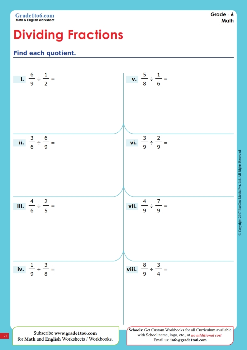 worksheet on dividing fractions
