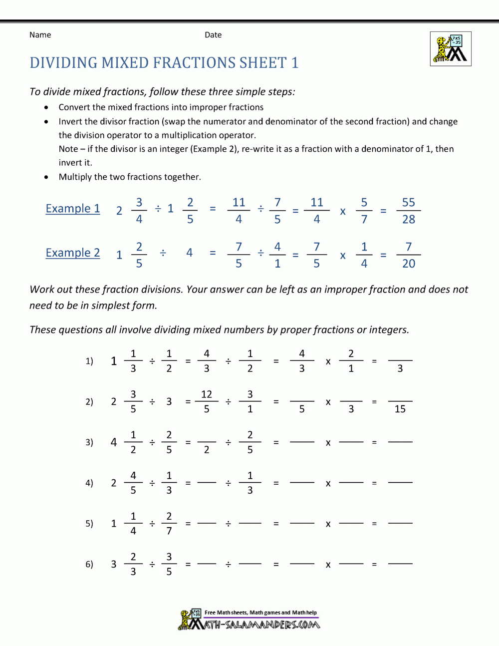 Dividing Mixed Fractions Worksheet Dividing Mixed Fractions Worksheet