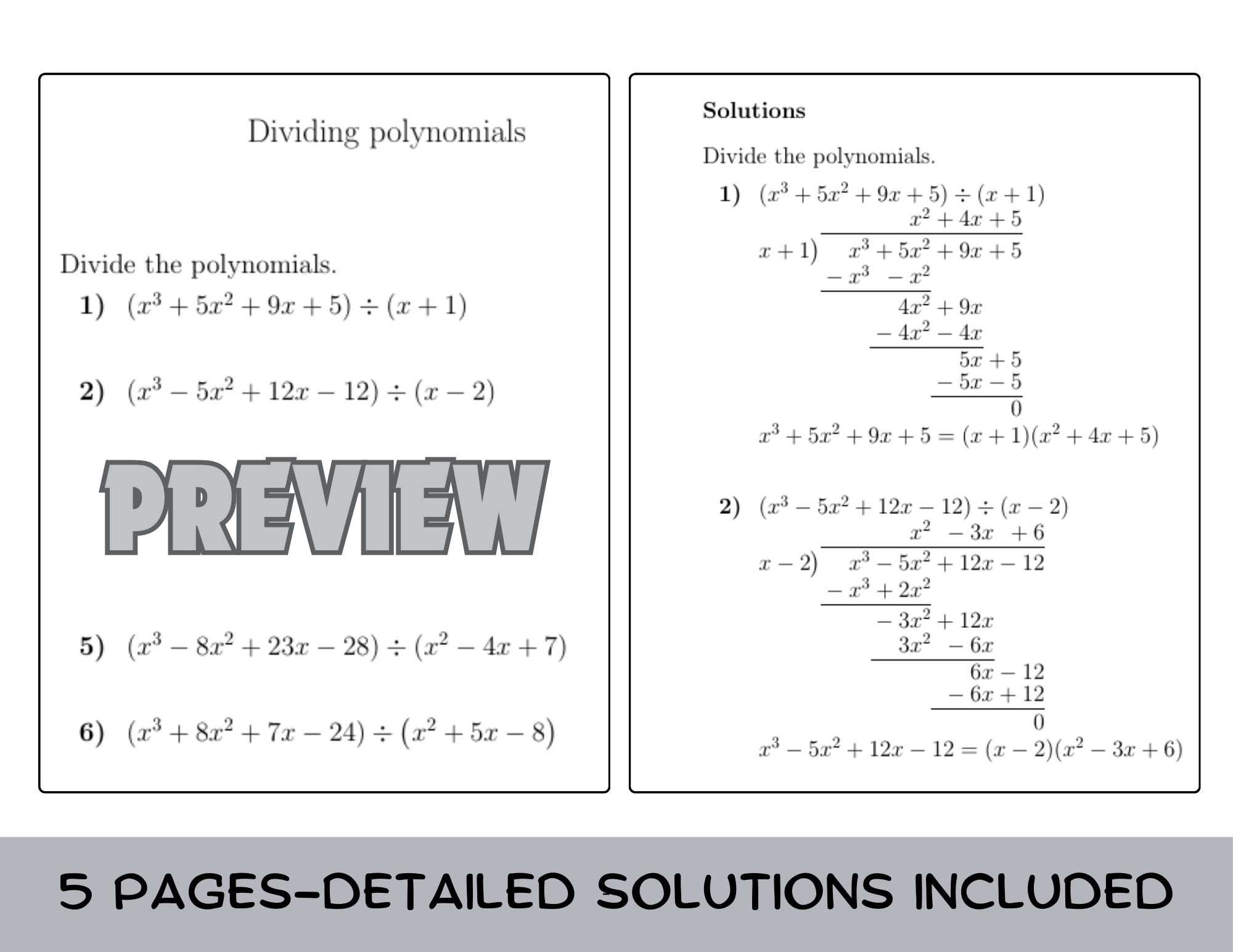 Dividing Polynomials Worksheet with Solutions Teaching Resources