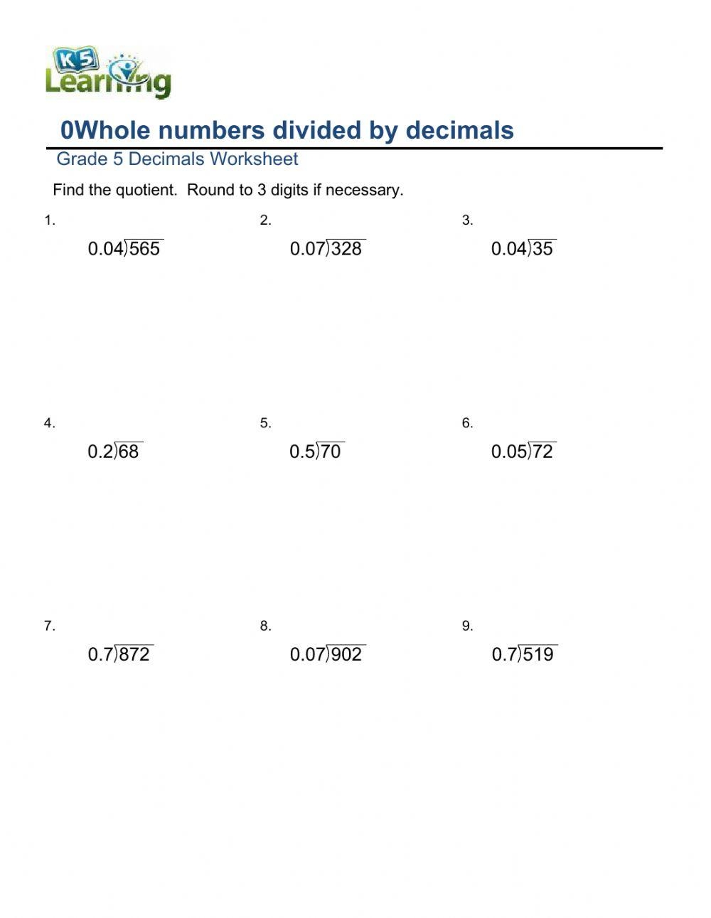 Dividing Whole Numbers By Decimals Interactive Worksheet Live Worksheets Library