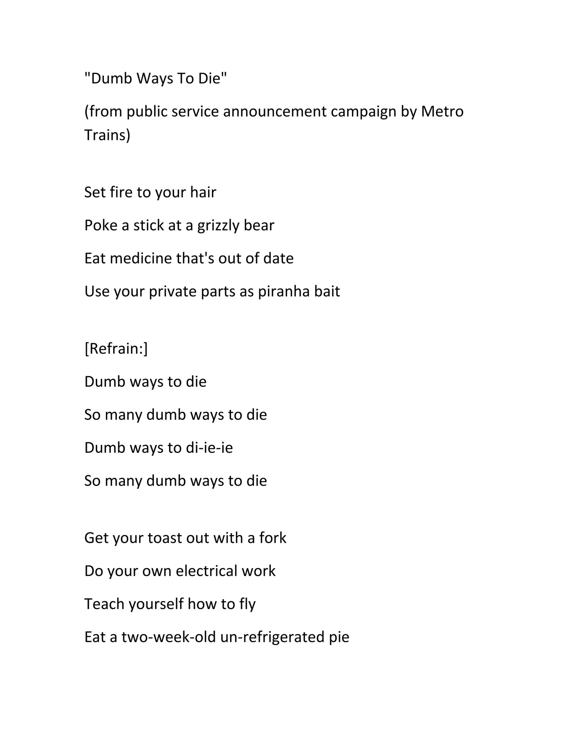 Dumb Ways To Die Lyrics By Dom And Me RTF Dumb Ways To Die Lyrics By Dom And Me RTF