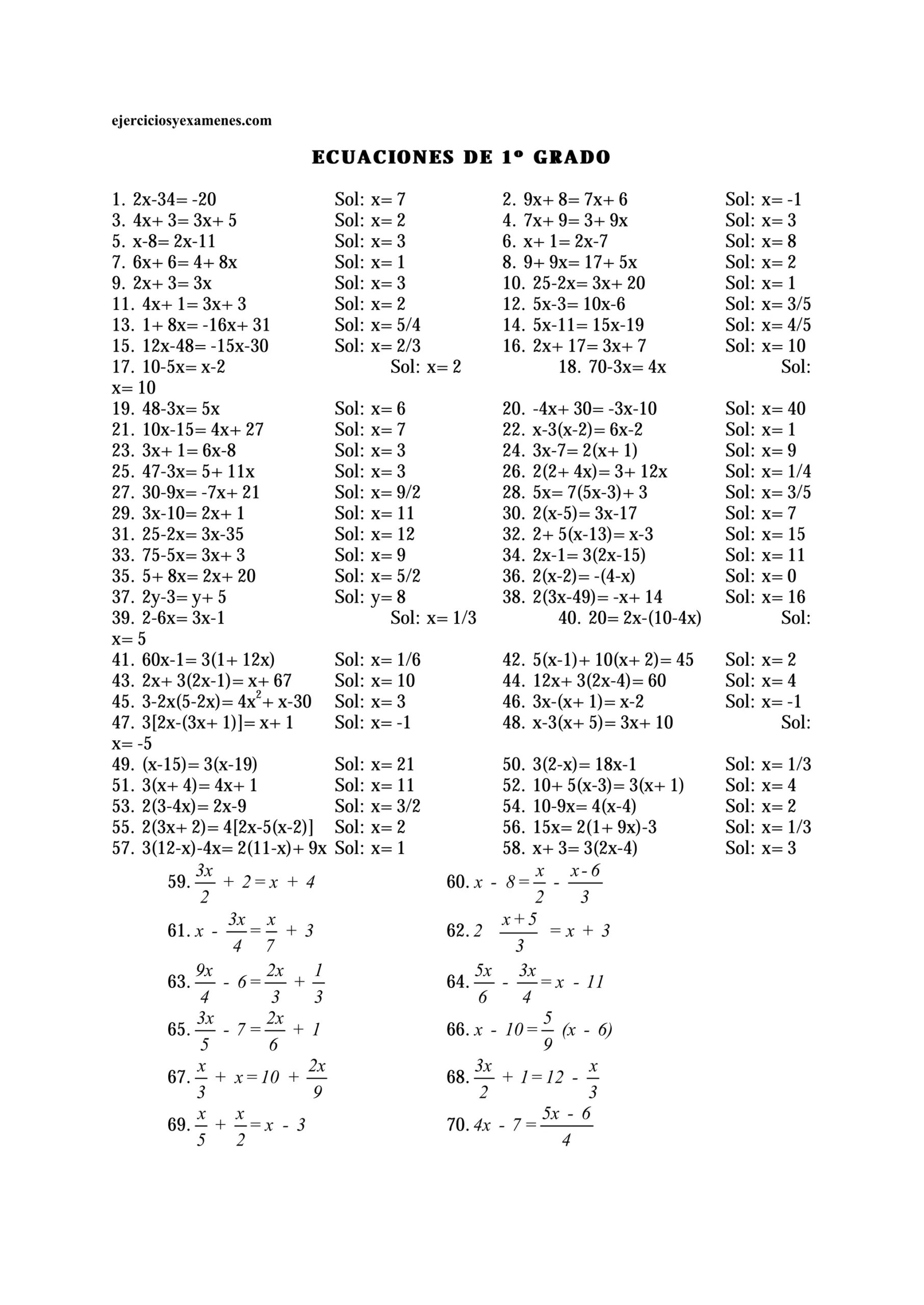 ejercicios de ecuaciones de primer grado