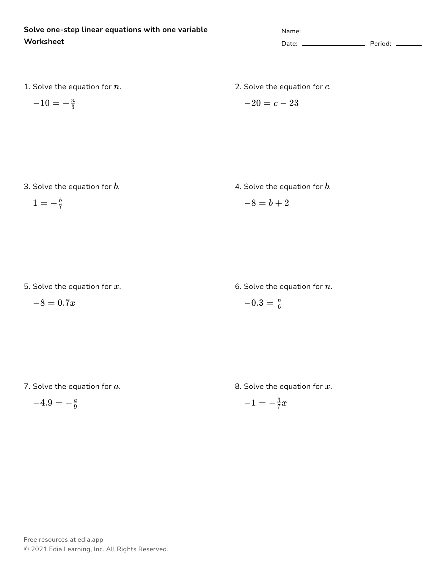 worksheet solving one step equations