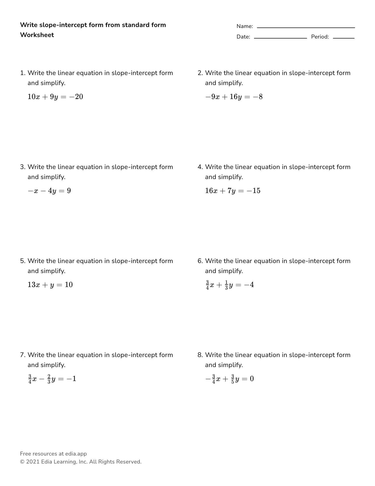 slope and y intercept worksheet