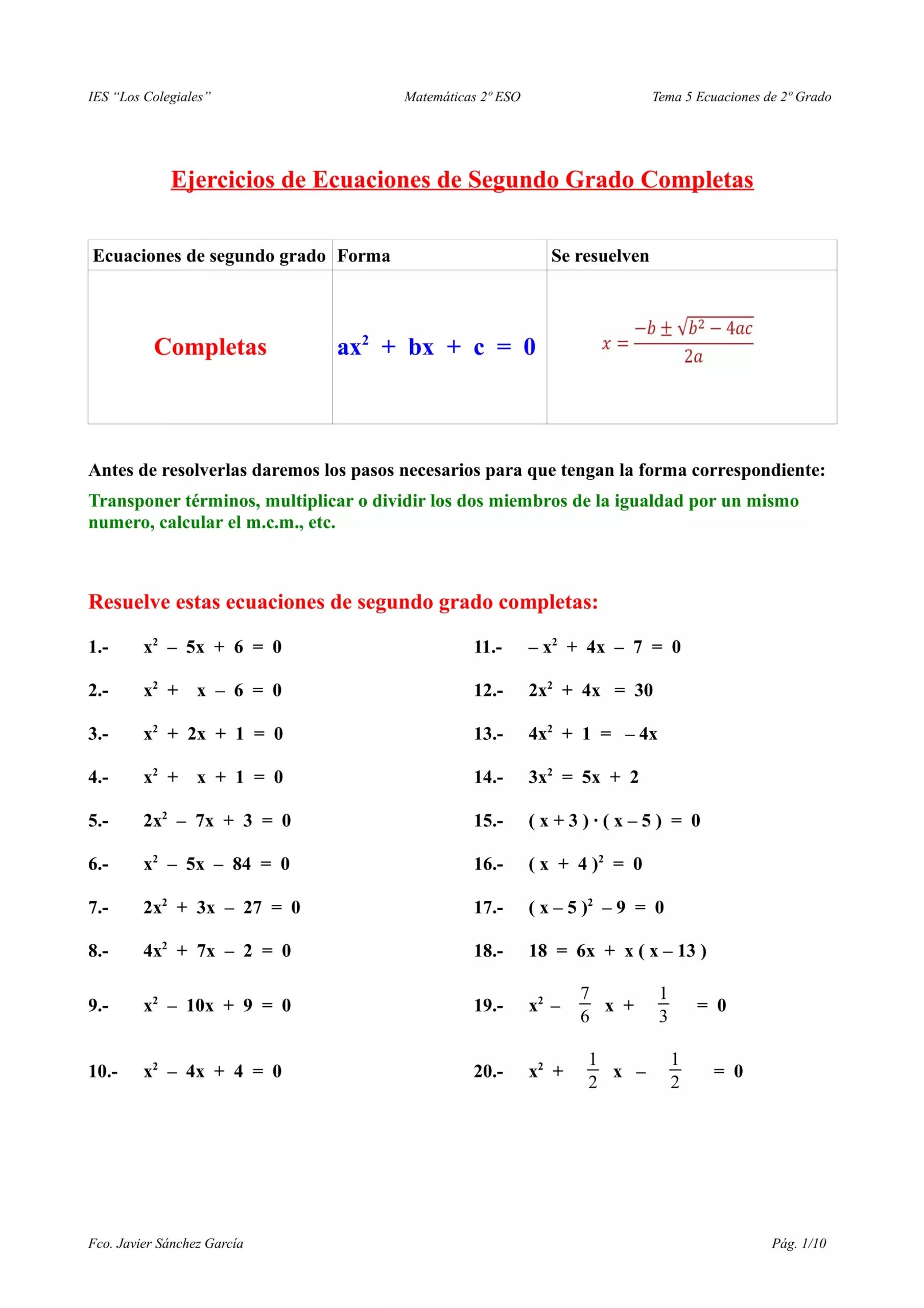 Ejercicios De Ecuaciones Cuadr ticas Resueltos PDF