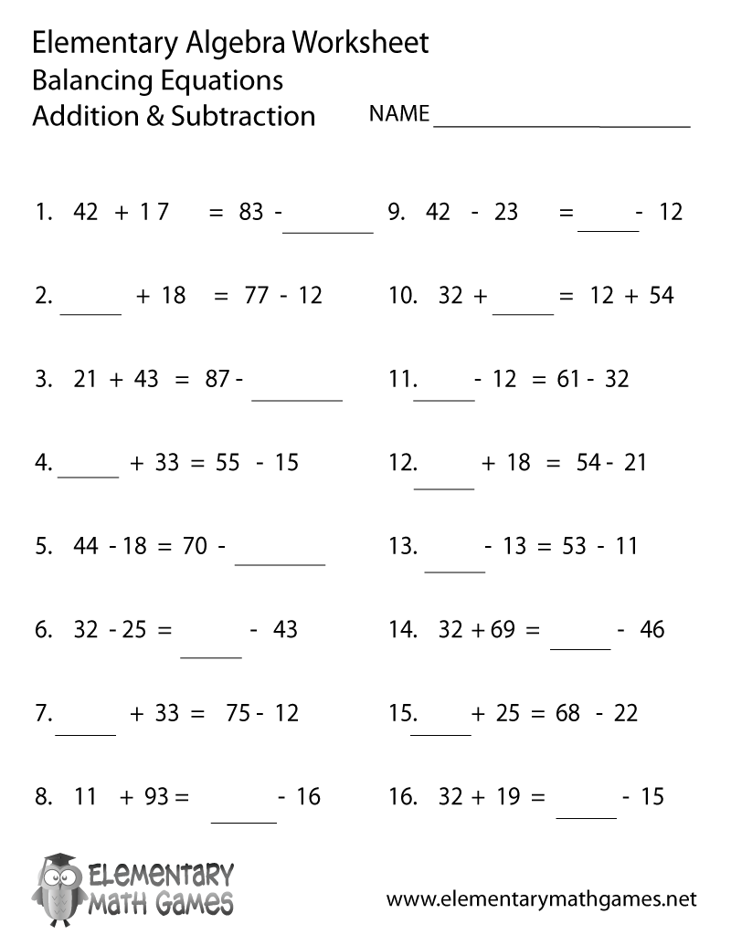 Elementary Algebra Balancing Equations Worksheet Elementary Algebra Balancing Equations Worksheet