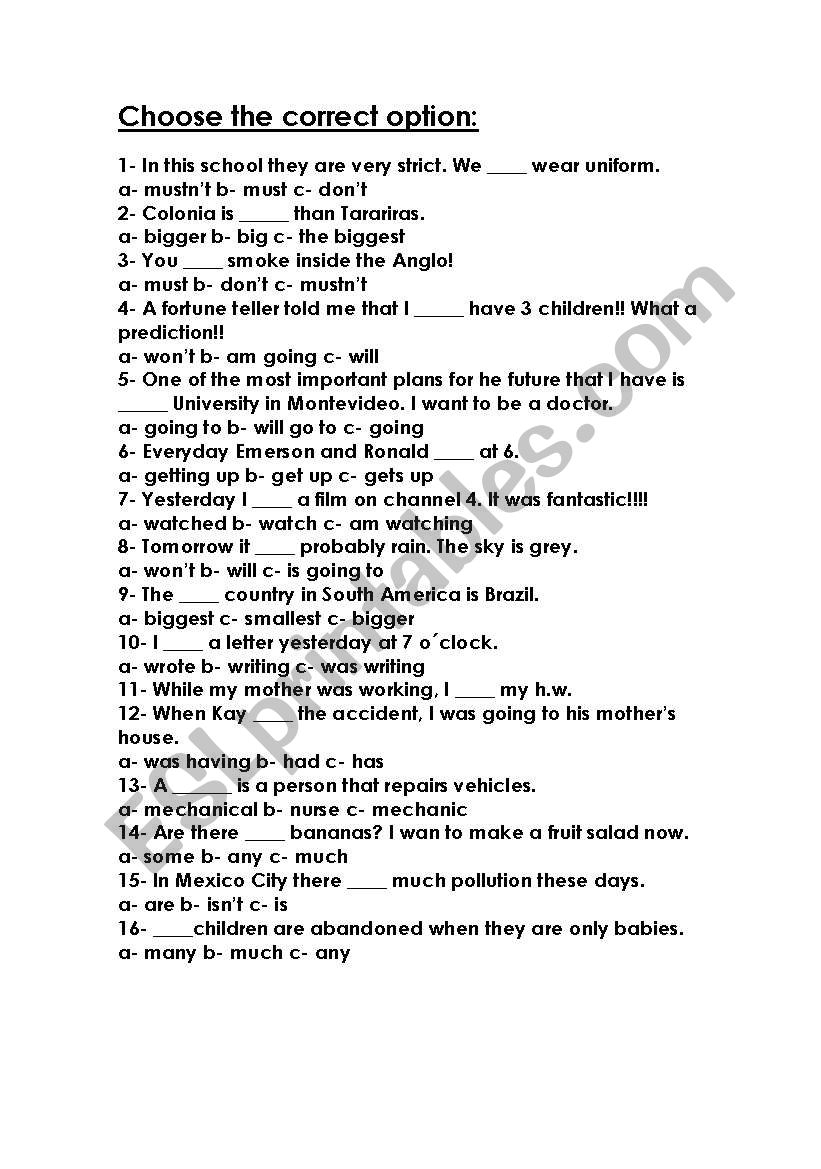 English Worksheets Choose The Correct Option Worksheets Library