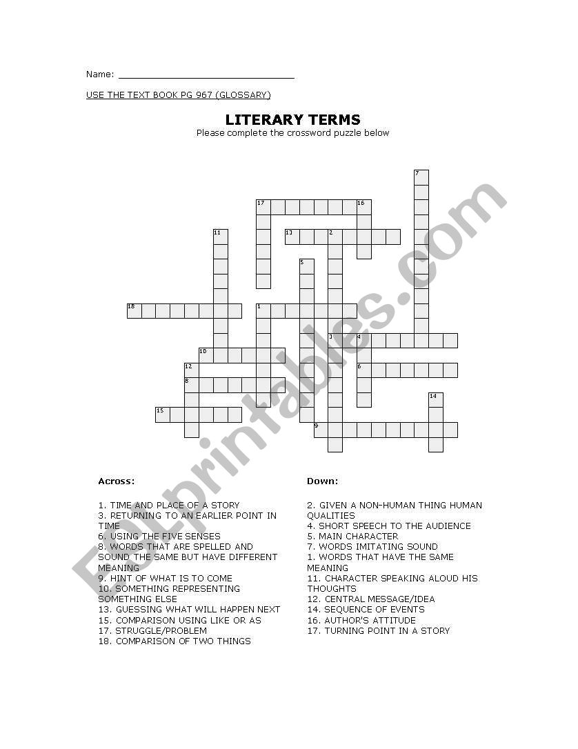 English Worksheets Literary Term Crossword