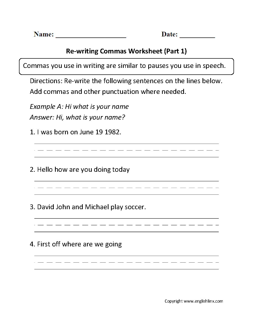 commas in a series worksheet