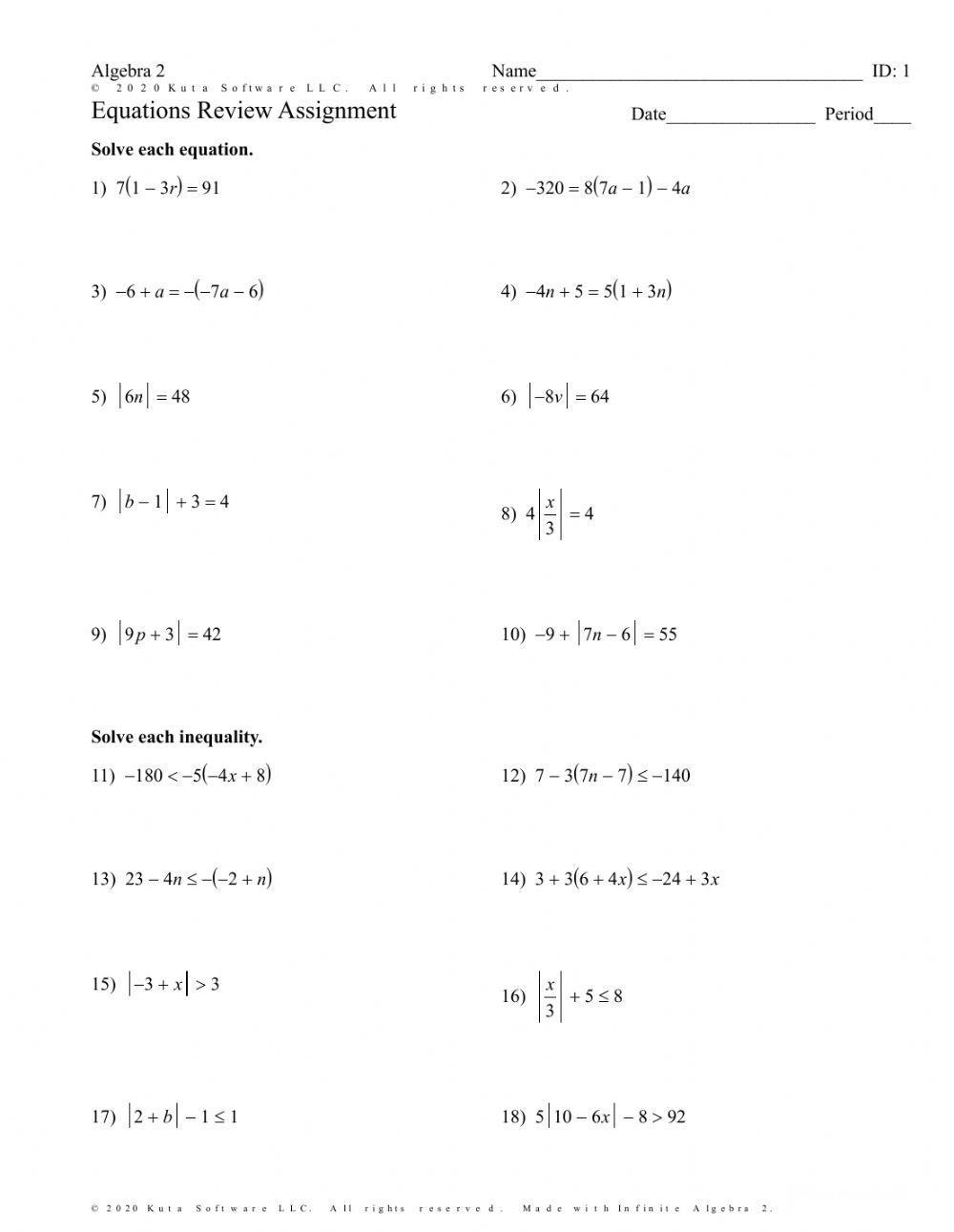 Equations And Inequalities And Absolute Value Worksheet Live Worksheets Library