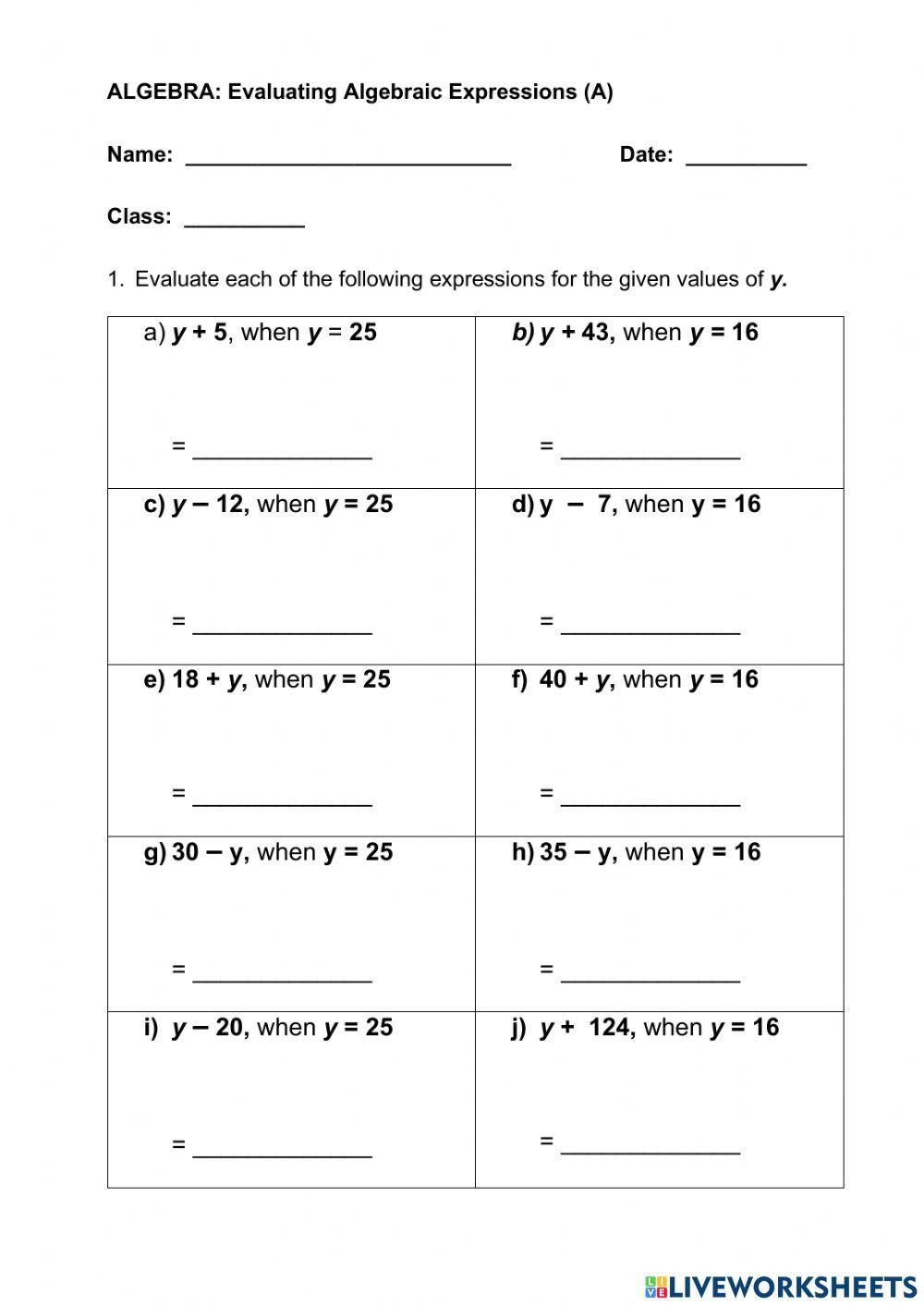 Evaluating Algebraic Expression A Online Exercise For Live Worksheets Library