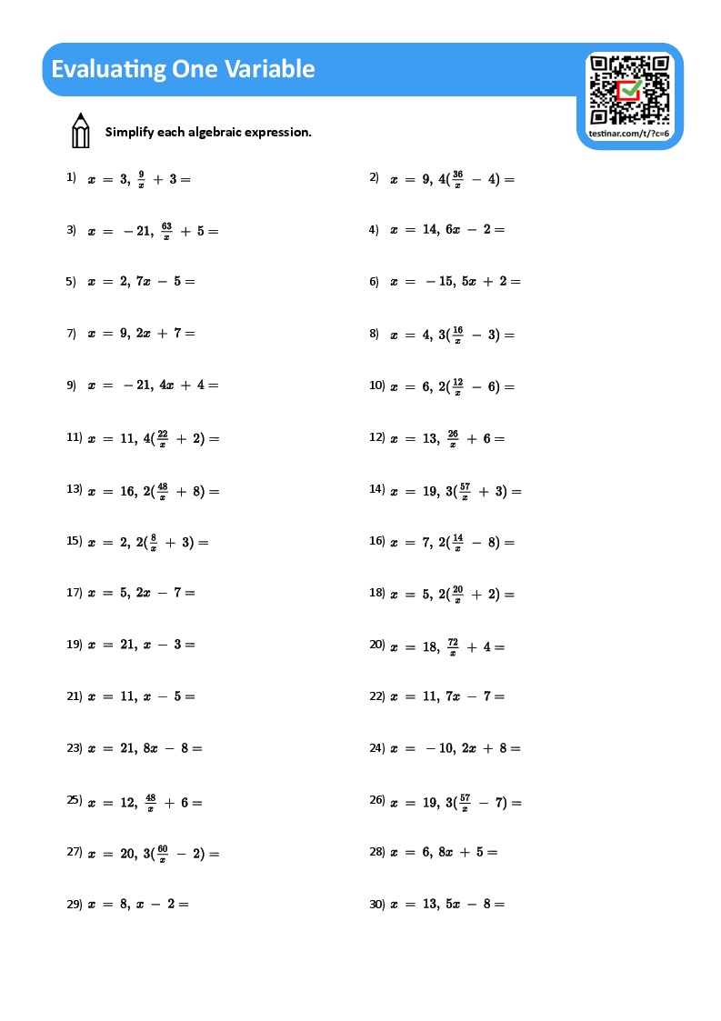 evaluating algebraic expressions worksheet