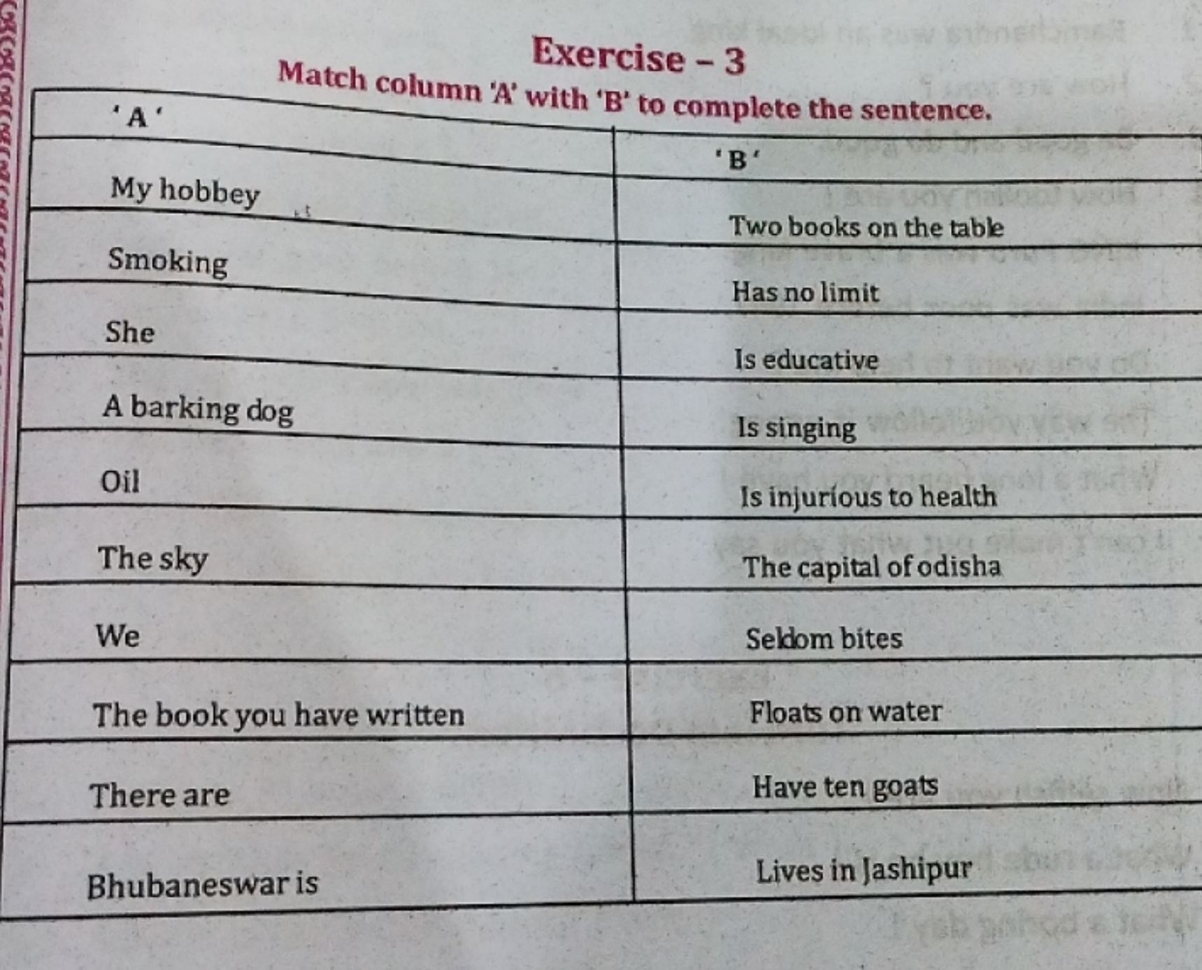 Exercise 3 Match Column A With B To Complete The Sentence begin t 