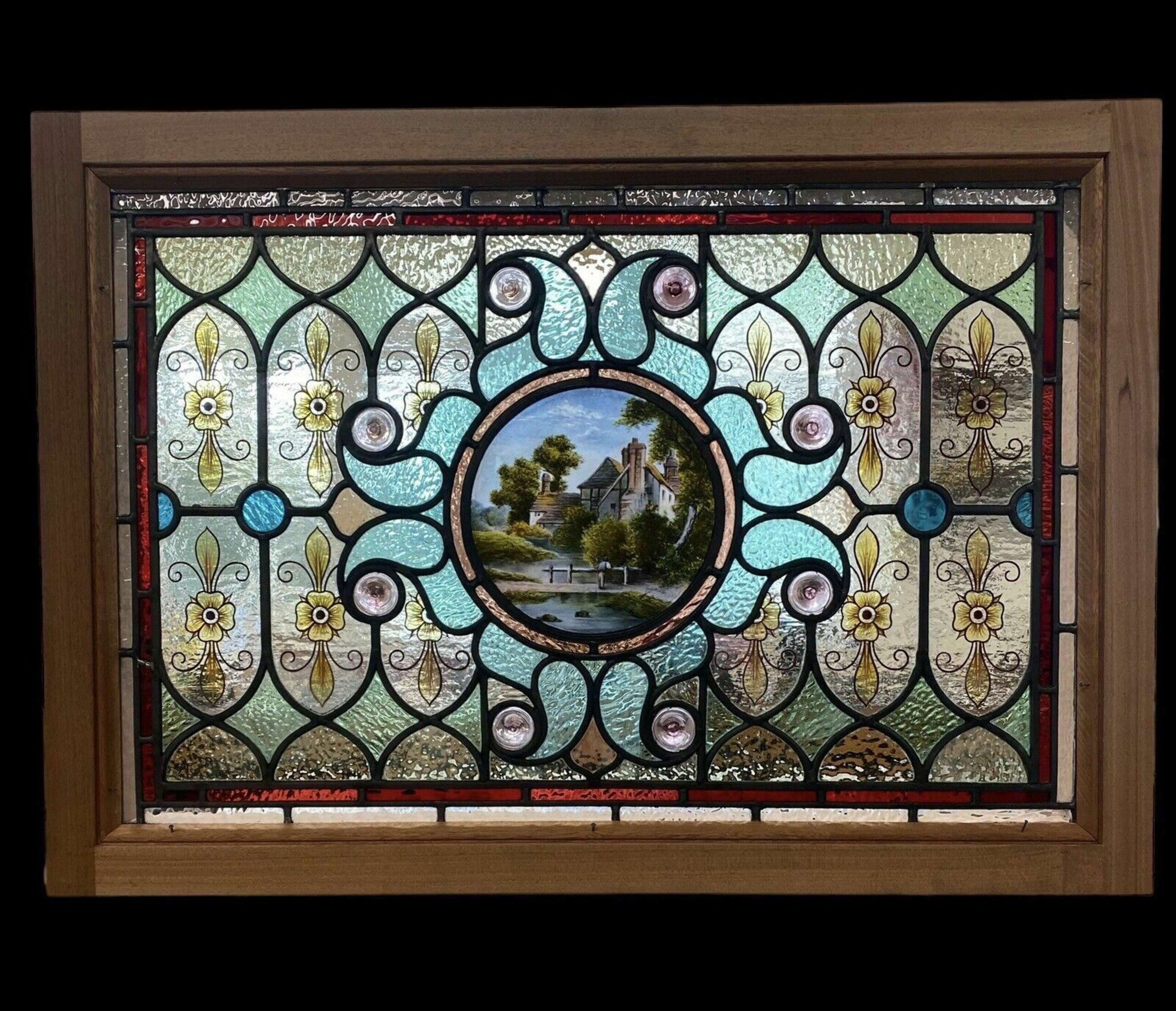Exquisite Victorian Stained Glass Hand Painted Window Panel Old Restored Antique In Painted Exquisite Victorian Stained Glass Hand Painted Window Panel Old Restored Antique In Painted