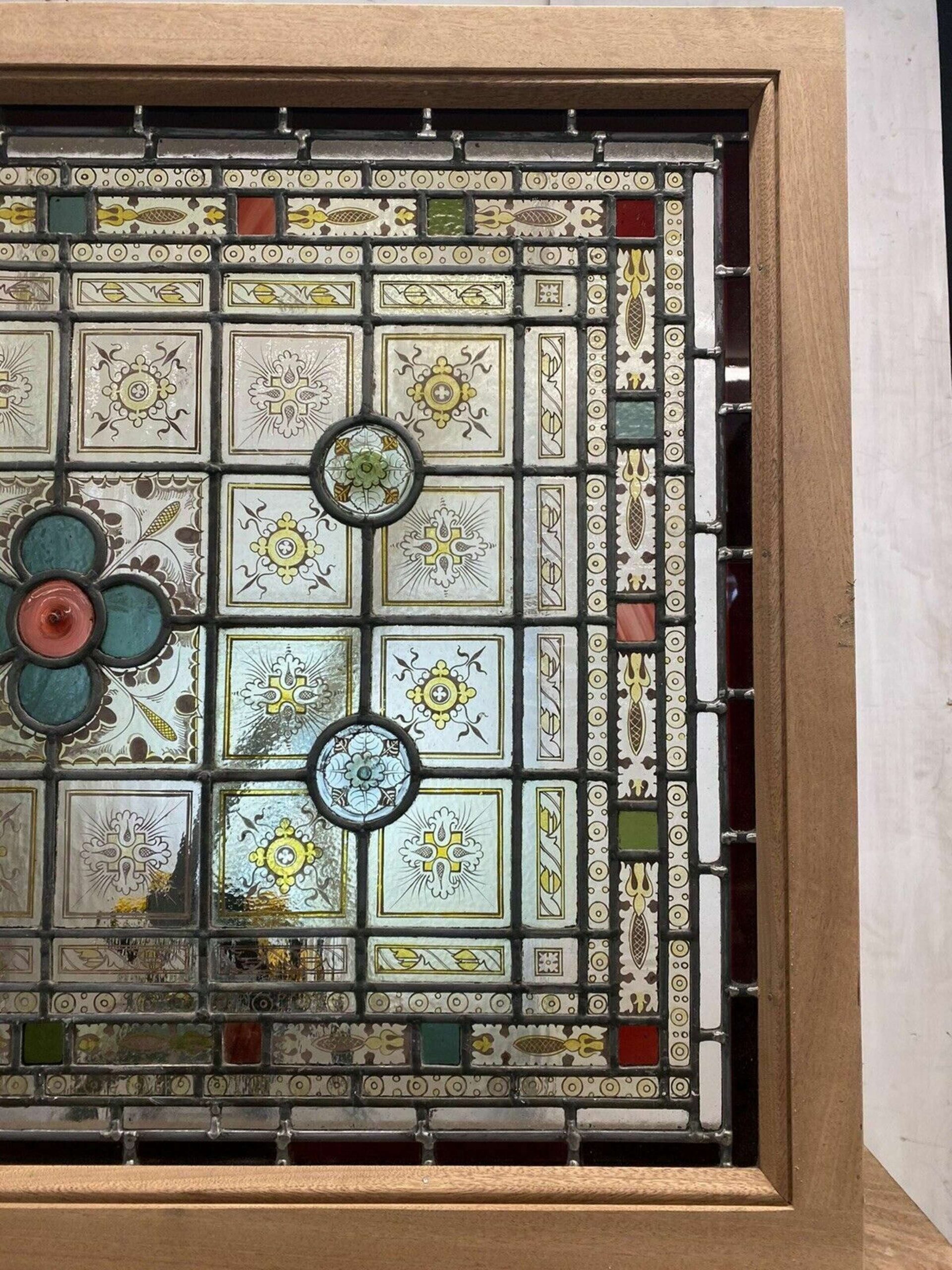 Exquisite Victorian Stained Glass Hand Painted Window Panel Old Restored Antique In Painted