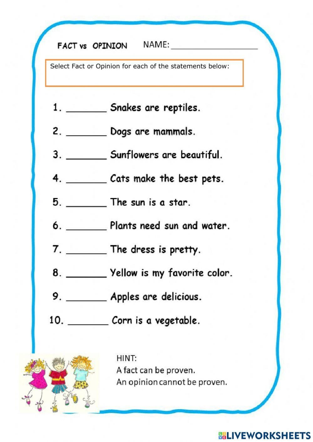 Fact And Opinion Interactive Activity For 3 Live Worksheets Worksheets Library