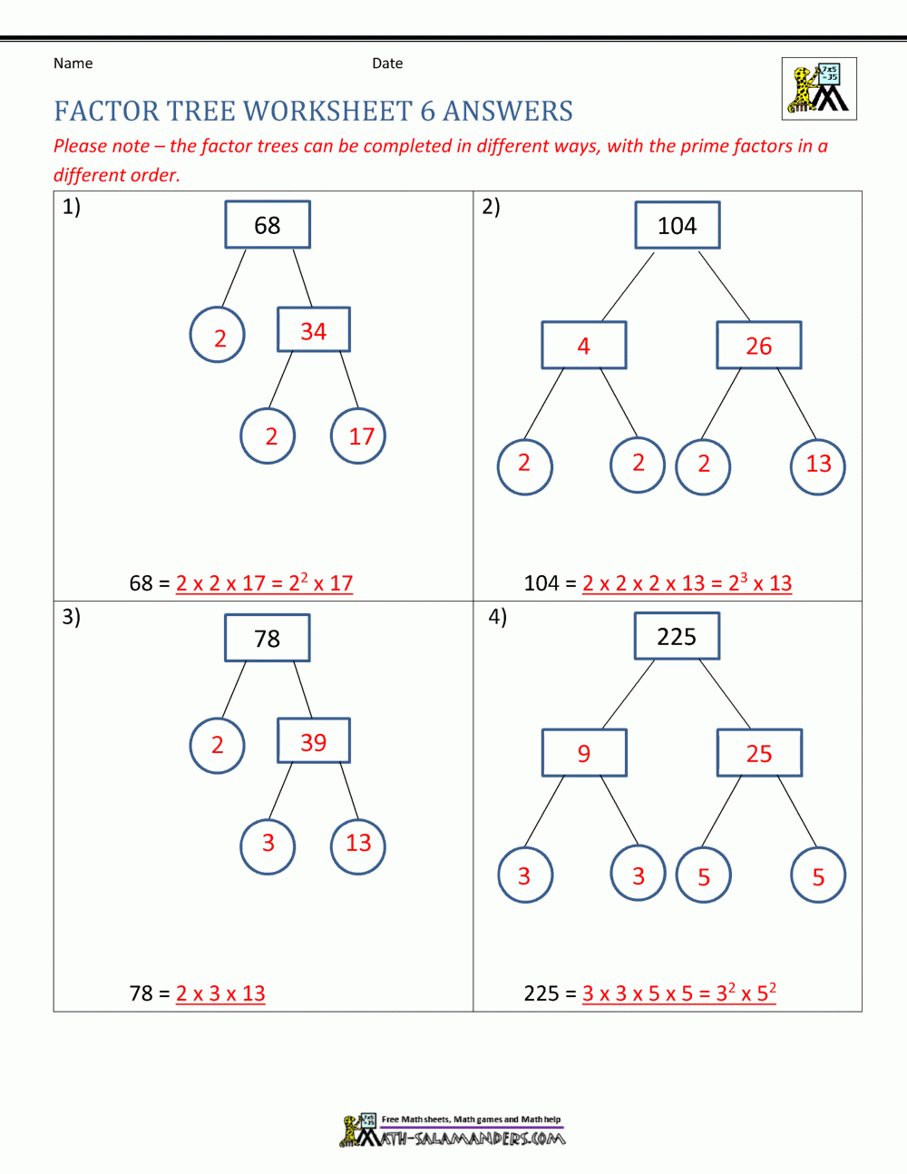 Factor Tree Worksheets Page