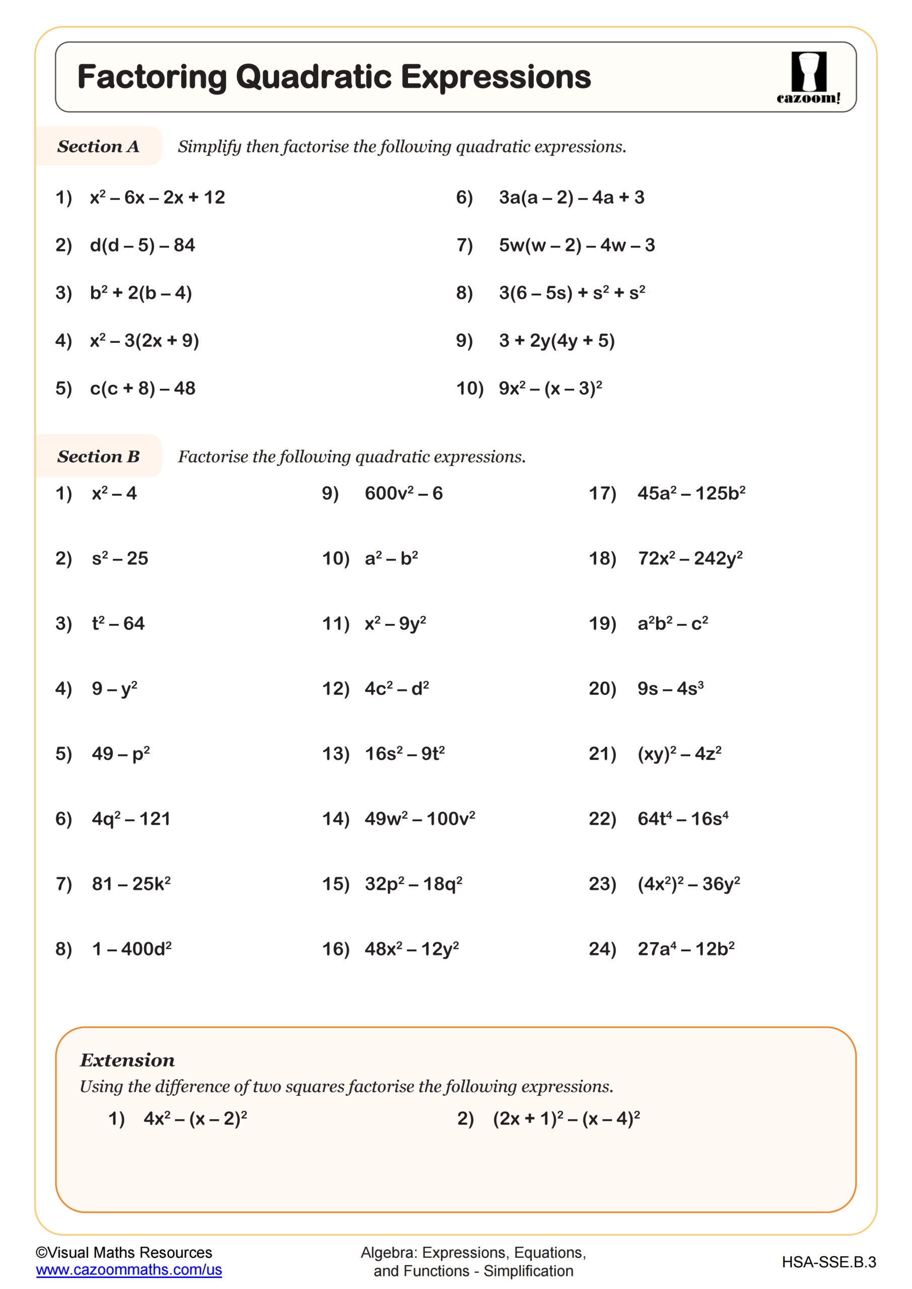 quadratic equations solve by factoring worksheet
