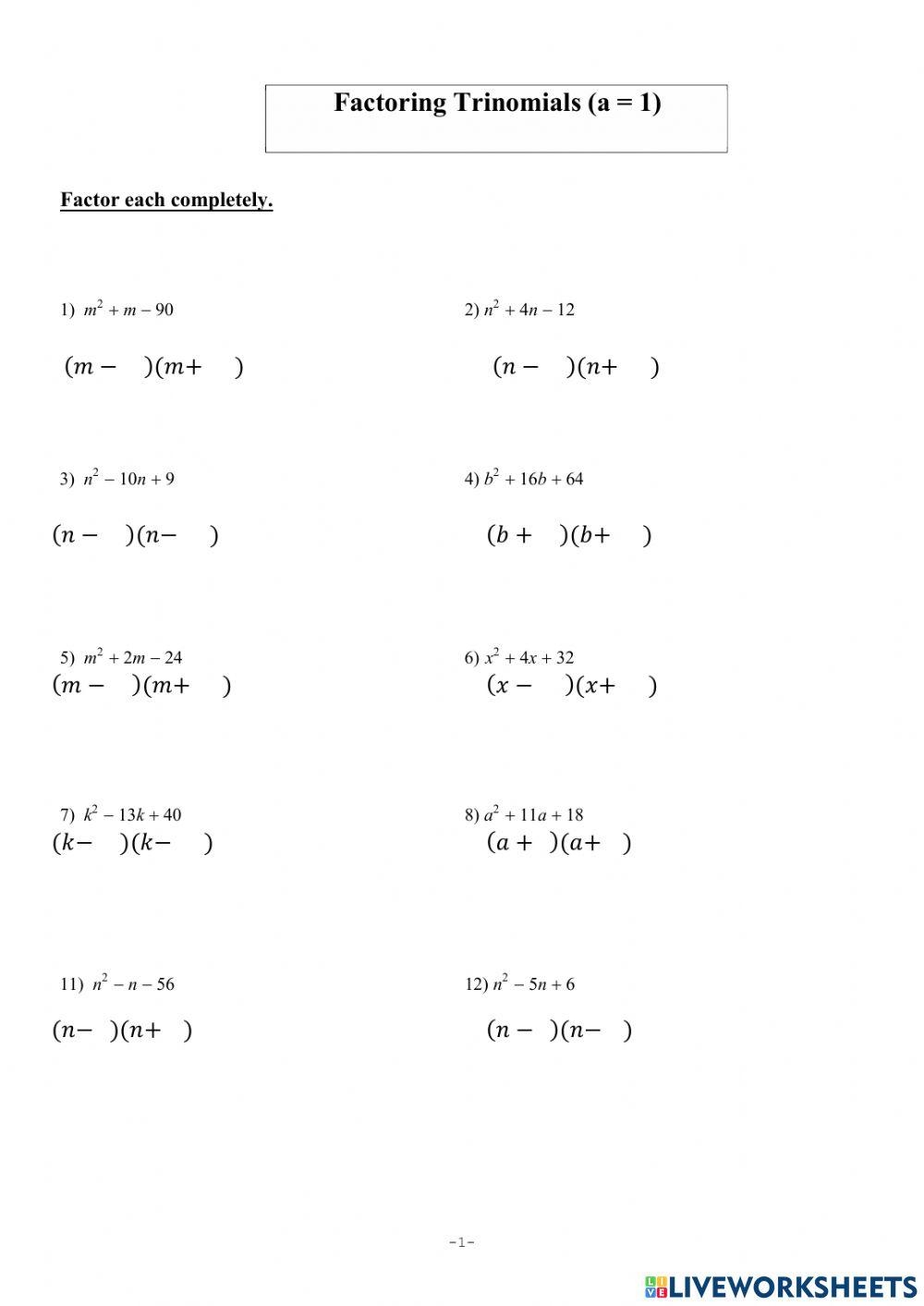 Factoring Trinomials Interactive Worksheet Live Worksheets Worksheets Library