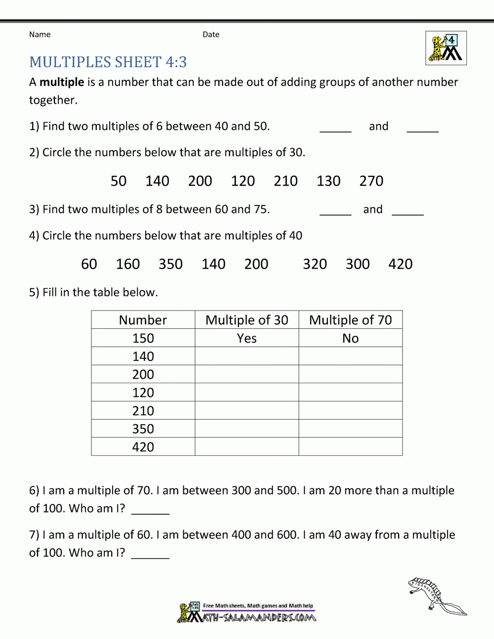 Factors And Multiples Worksheet Worksheets Library
