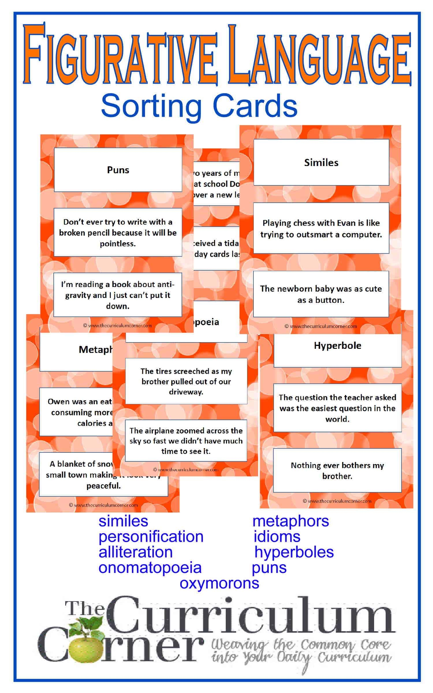 Figurative Language Sorting Cards Free From The Curriculum Corner Similes Metaphors Personification Idioms Alliteration Hyperbole Onomatopoeia Puns Oxymorons The Curriculum Corner 4 5 6 Figurative Language Sorting Cards Free From The Curriculum Corner Similes Metaphors Personification Idioms Alliteration Hyperbole Onomatopoeia Puns Oxymorons The Curriculum Corner 4 5 6