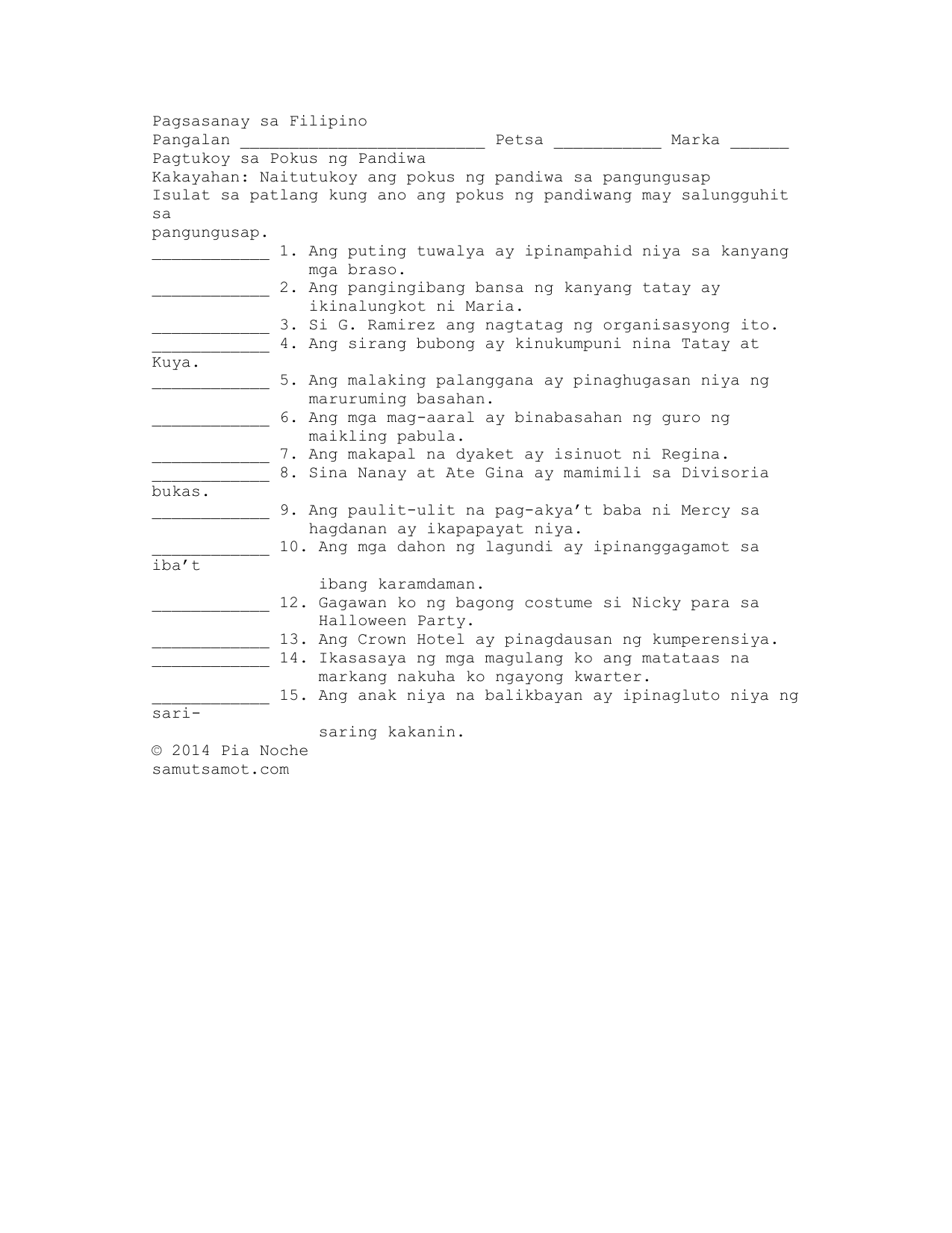 Filipino Verb Focus Worksheet