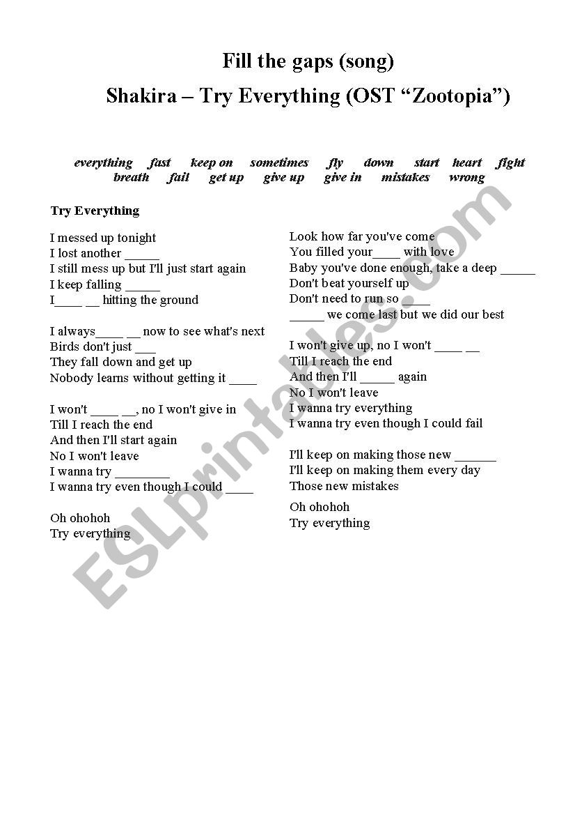 Fill The Gaps songs Shakira Try Everything OST Zootopia ESL Worksheet By JuLiMd