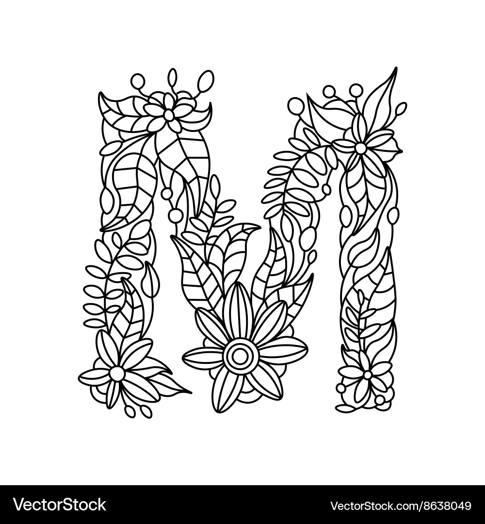 Floral M Coloring Page Royalty Free Vector Image
